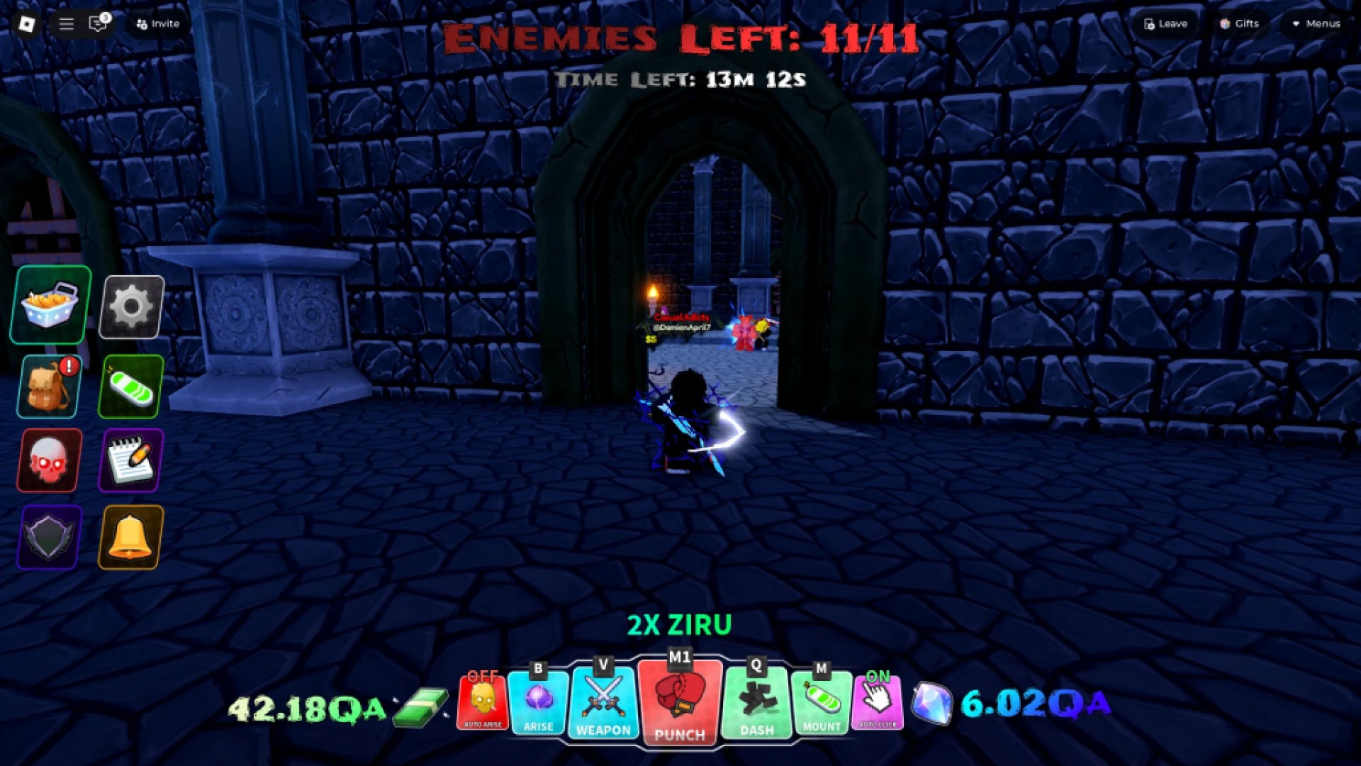 Un jugador que avanza a la siguiente sala de una mazmorra en la experiencia Roblox Crossover Arise