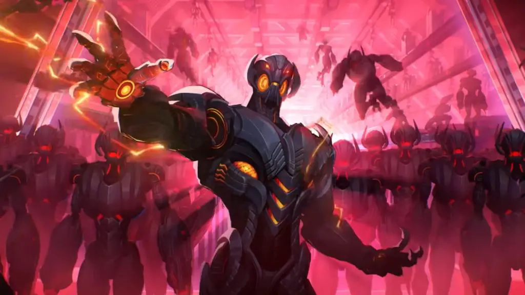 Ultron tendant sa main avec une armée derrière lui dans Marvel Rivals