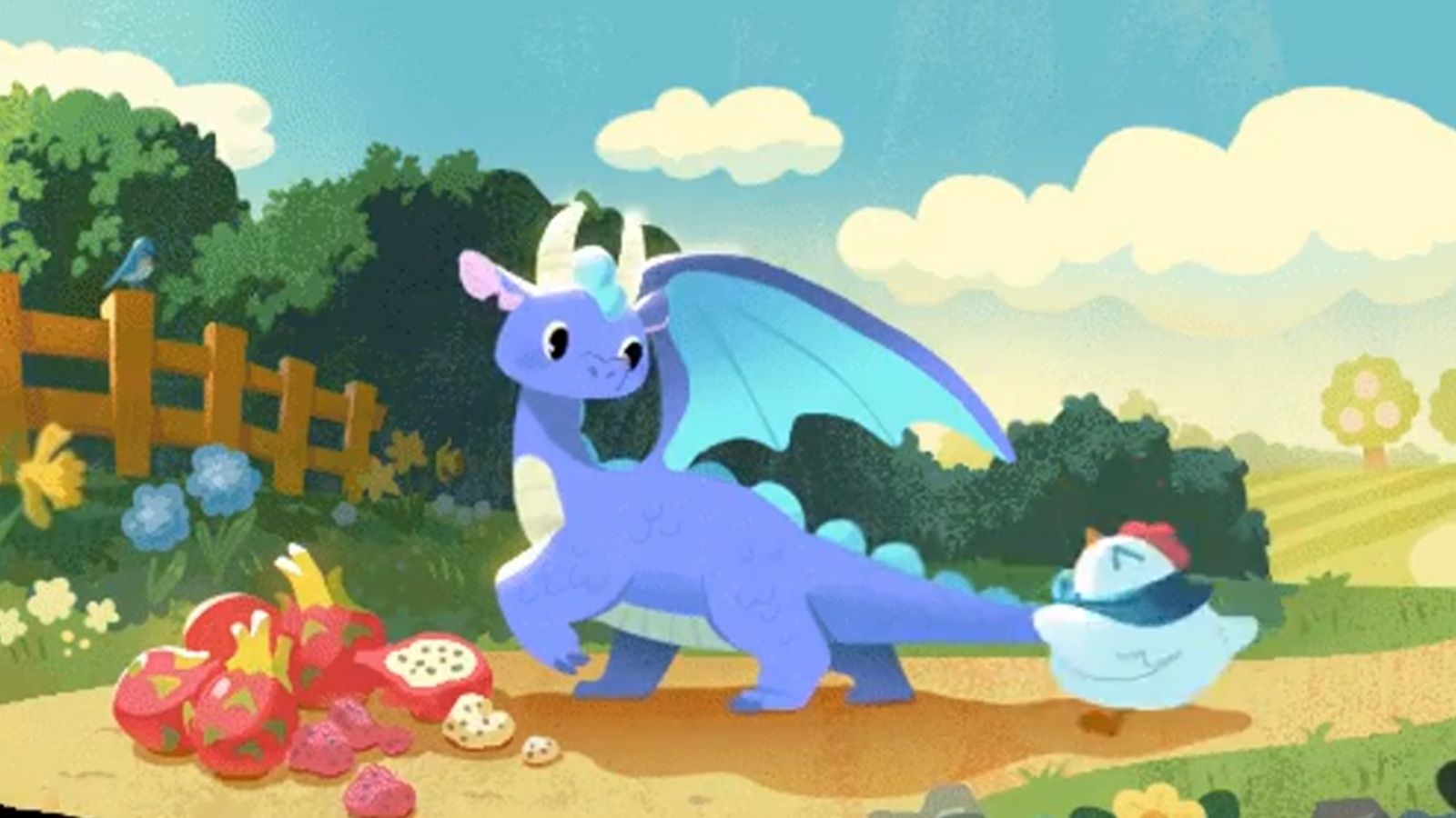 Purple cartoon dragon eating dragonfruit having his tail pulled by a chicken