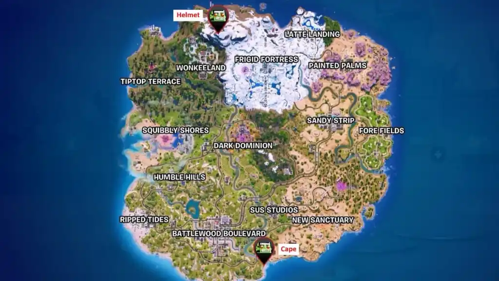 les emplacements perdus de la carte du casque et de la cape de la fondation marqués en fortnite